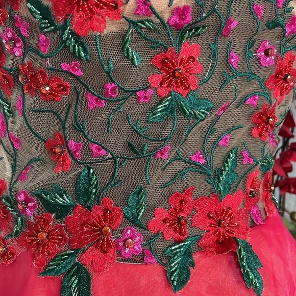 Terani Couture Floral Sheer Top Structured Skirt Prom Formal Ball Dress Gown 0